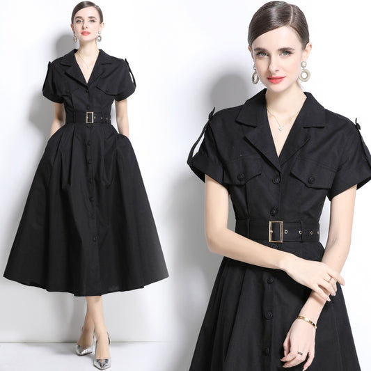 CM-DY035825 Women Elegant Seoul Style Suit Collar Short Sleeve Single Breasted Dress - Black