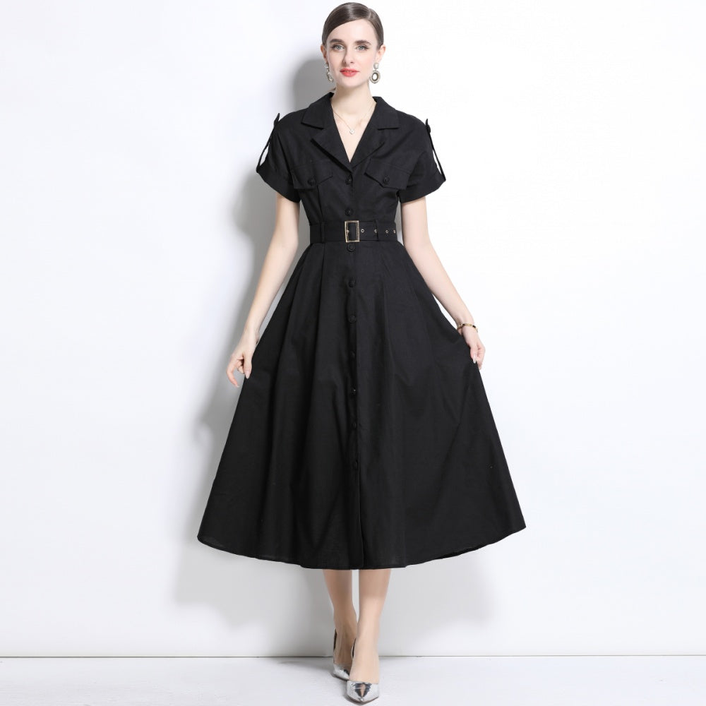 CM-DY035825 Women Elegant Seoul Style Suit Collar Short Sleeve Single Breasted Dress - Black