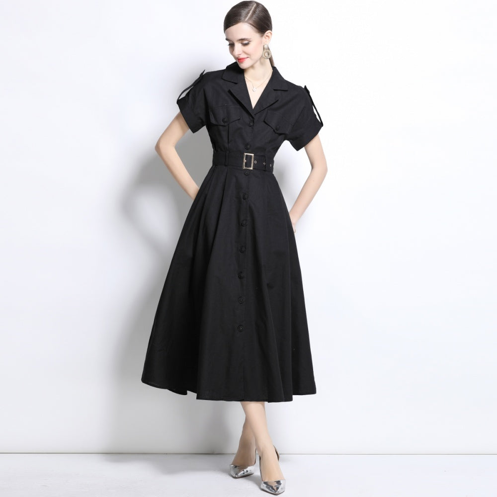 CM-DY035825 Women Elegant Seoul Style Suit Collar Short Sleeve Single Breasted Dress - Black