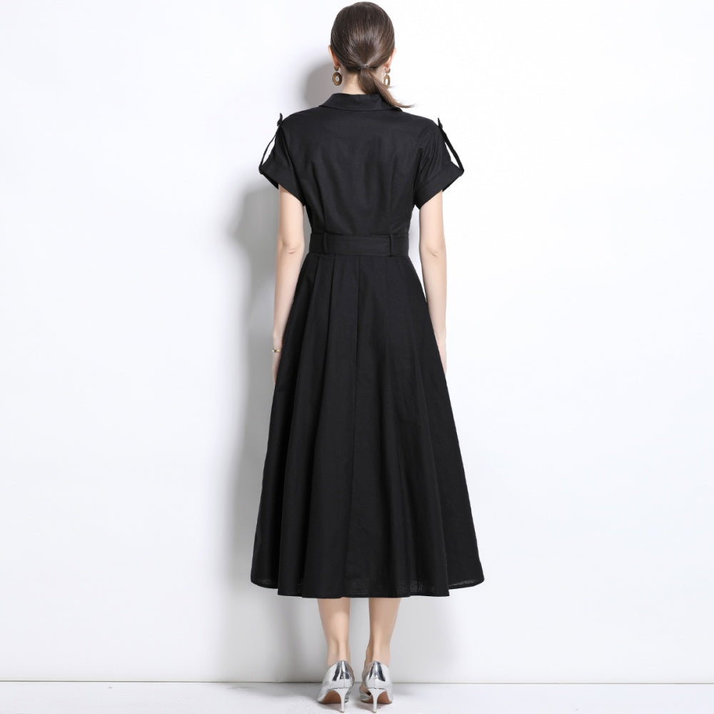 CM-DY035825 Women Elegant Seoul Style Suit Collar Short Sleeve Single Breasted Dress - Black