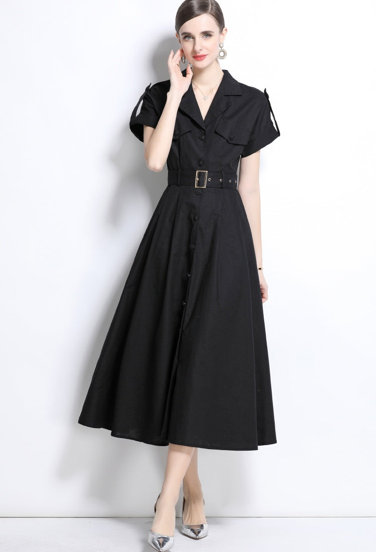 CM-DY035825 Women Elegant Seoul Style Suit Collar Short Sleeve Single Breasted Dress - Black