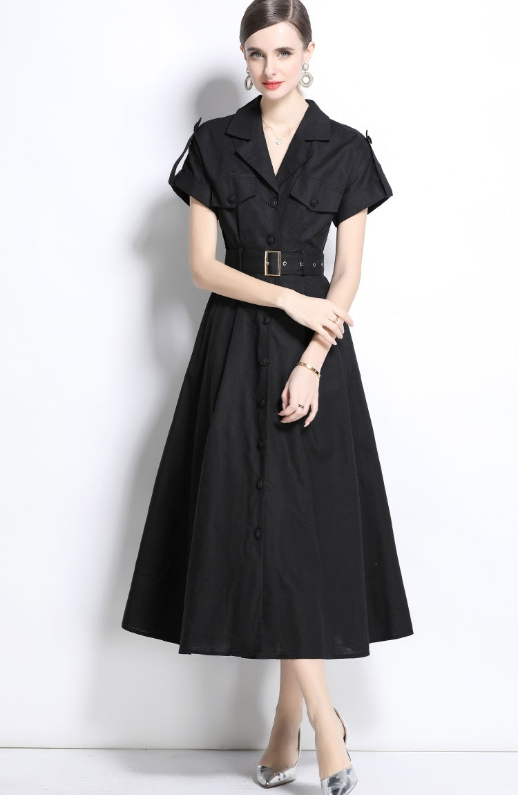 CM-DY035825 Women Elegant Seoul Style Suit Collar Short Sleeve Single Breasted Dress - Black