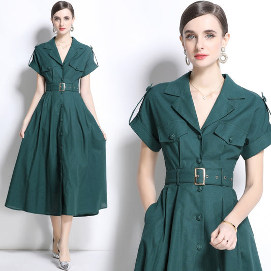 CM-DY035826 Women Elegant Seoul Style Suit Collar Short Sleeve Single Breasted Dress - Green