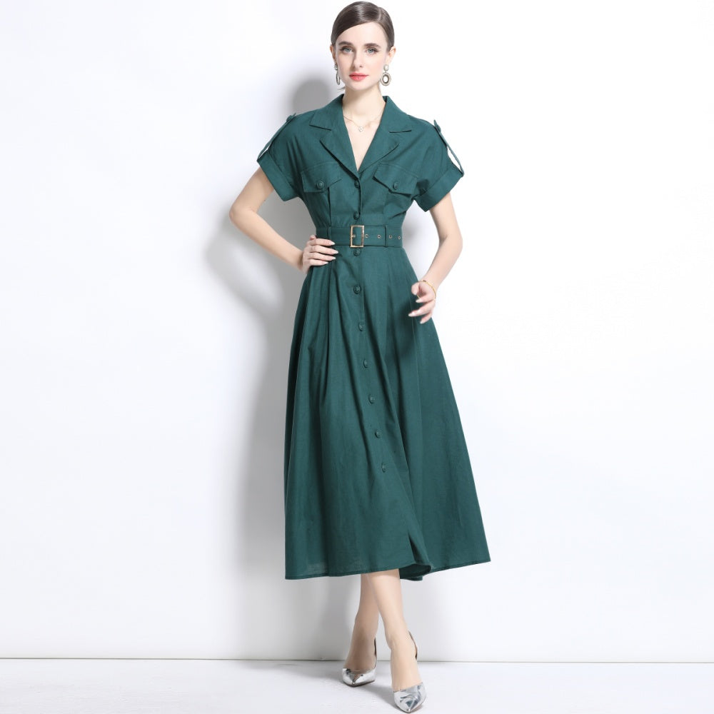 CM-DY035826 Women Elegant Seoul Style Suit Collar Short Sleeve Single Breasted Dress - Green