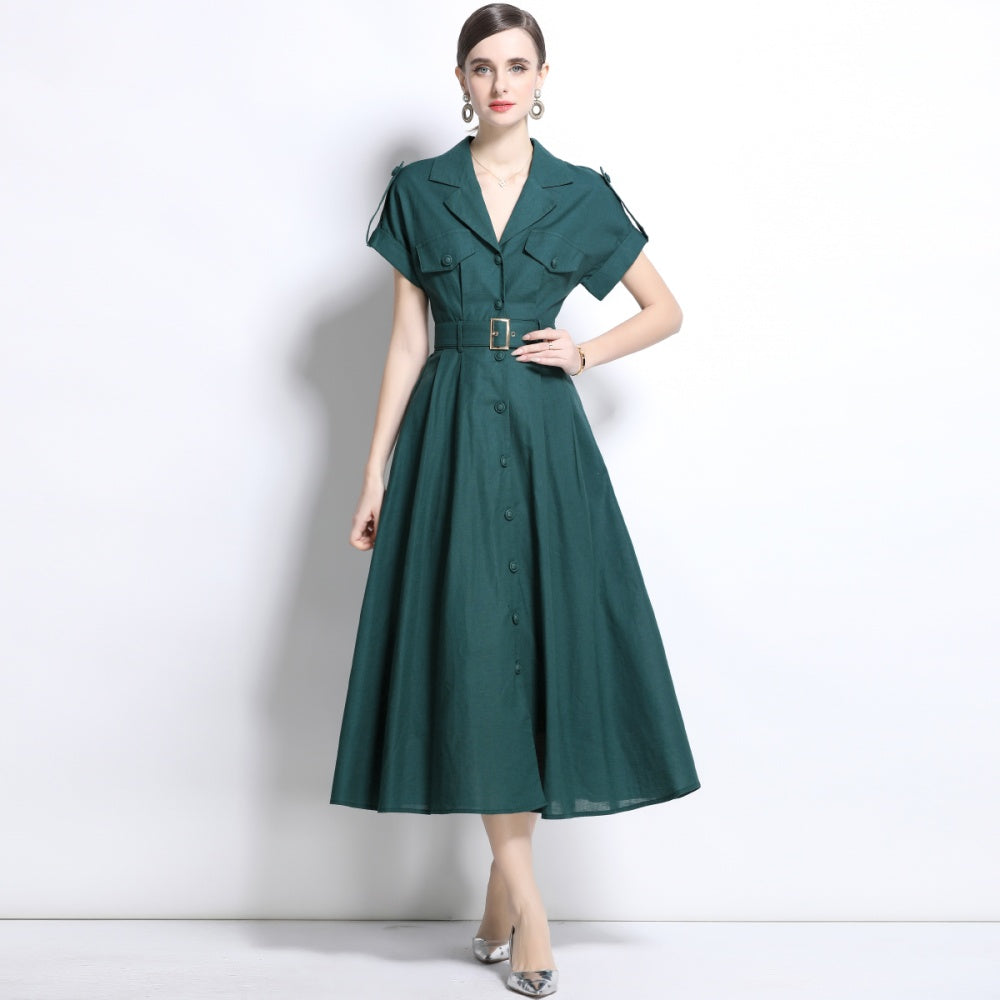 CM-DY035826 Women Elegant Seoul Style Suit Collar Short Sleeve Single Breasted Dress - Green