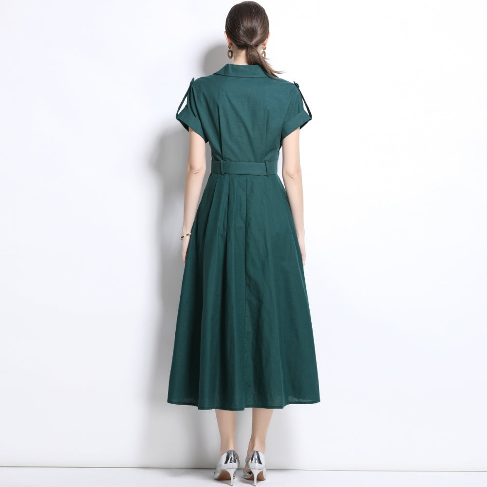 CM-DY035826 Women Elegant Seoul Style Suit Collar Short Sleeve Single Breasted Dress - Green