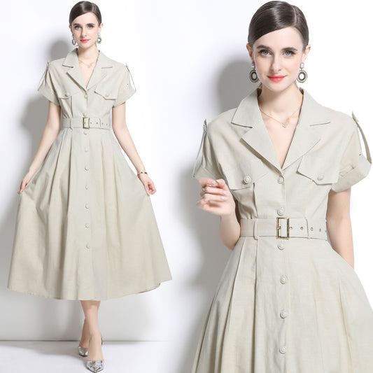 CM-DY035827 Women Elegant Seoul Style Suit Collar Short Sleeve Single Breasted Dress - Apricot