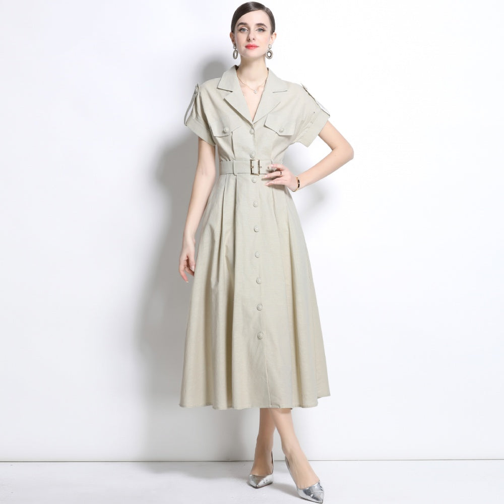 CM-DY035827 Women Elegant Seoul Style Suit Collar Short Sleeve Single Breasted Dress - Apricot