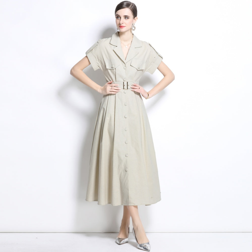 CM-DY035827 Women Elegant Seoul Style Suit Collar Short Sleeve Single Breasted Dress - Apricot