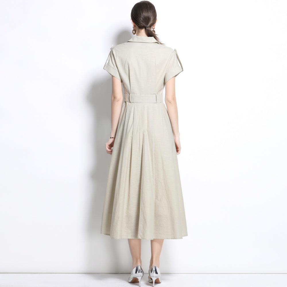CM-DY035827 Women Elegant Seoul Style Suit Collar Short Sleeve Single Breasted Dress - Apricot