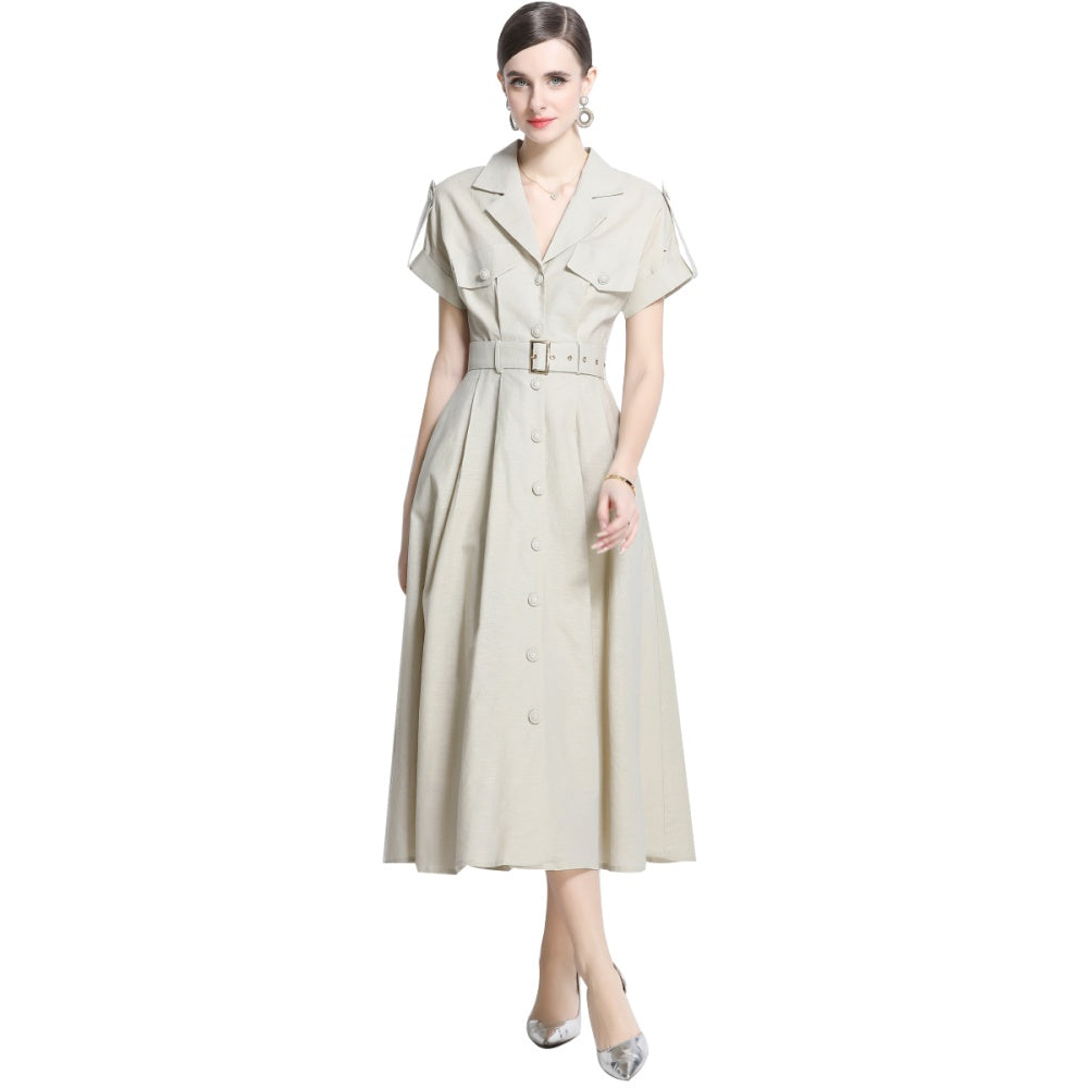 CM-DY035827 Women Elegant Seoul Style Suit Collar Short Sleeve Single Breasted Dress - Apricot