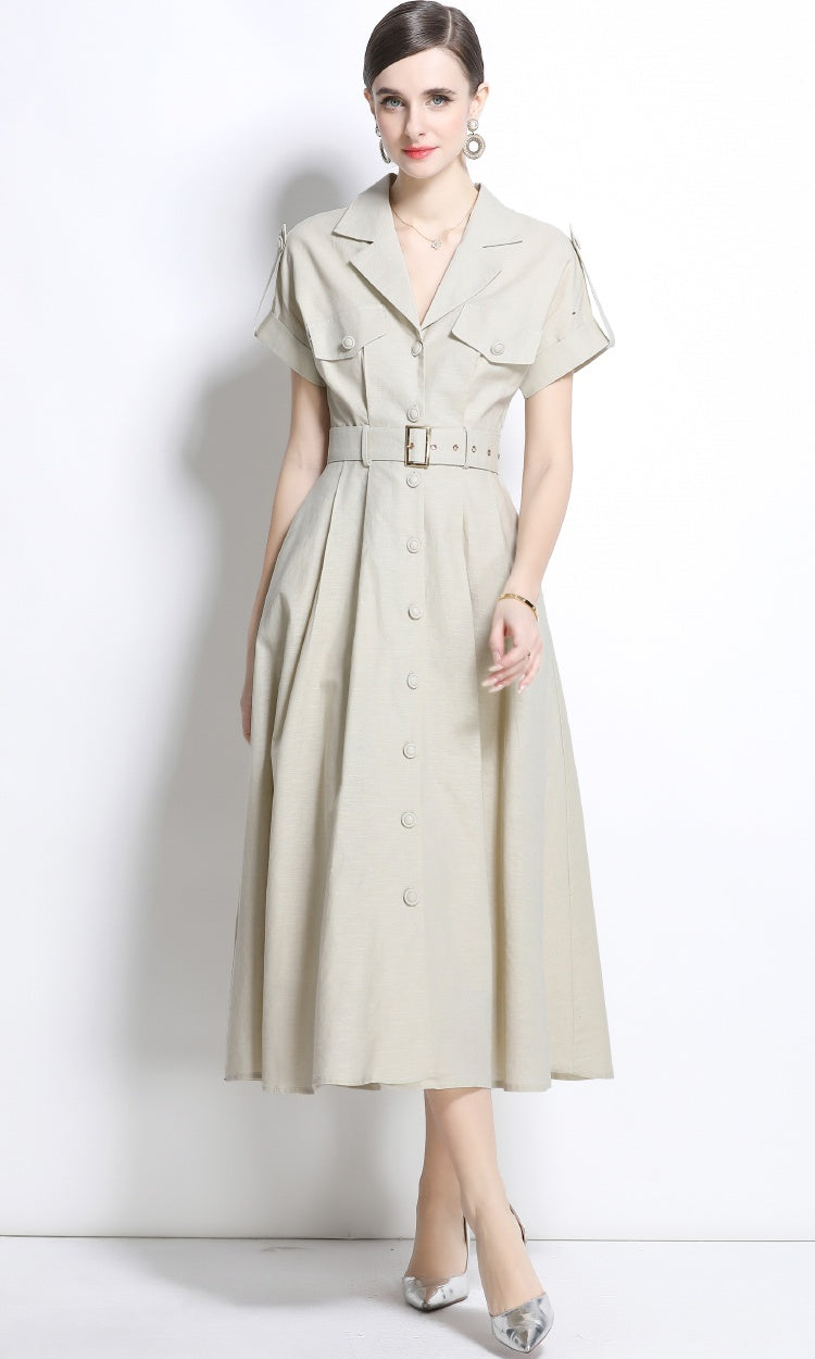 CM-DY035827 Women Elegant Seoul Style Suit Collar Short Sleeve Single Breasted Dress - Apricot