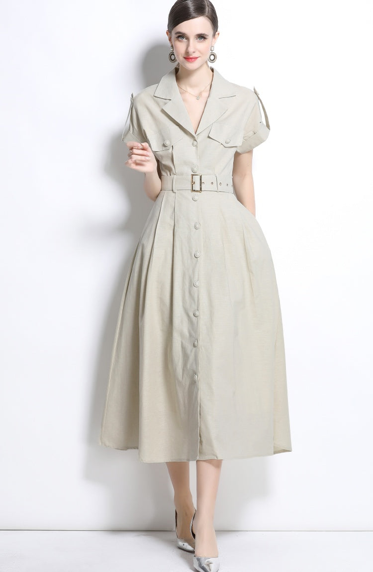 CM-DY035827 Women Elegant Seoul Style Suit Collar Short Sleeve Single Breasted Dress - Apricot