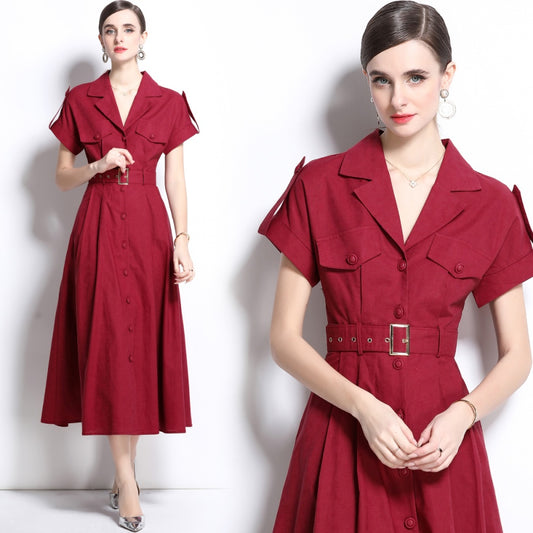 CM-DY035828 Women Elegant Seoul Style Suit Collar Short Sleeve Single Breasted Dress - Dark Red