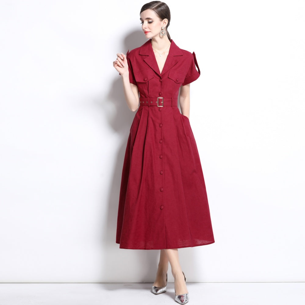 CM-DY035828 Women Elegant Seoul Style Suit Collar Short Sleeve Single Breasted Dress - Dark Red