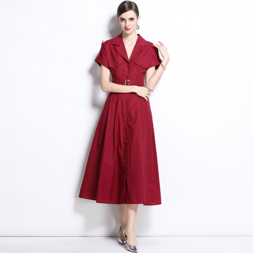 CM-DY035828 Women Elegant Seoul Style Suit Collar Short Sleeve Single Breasted Dress - Dark Red
