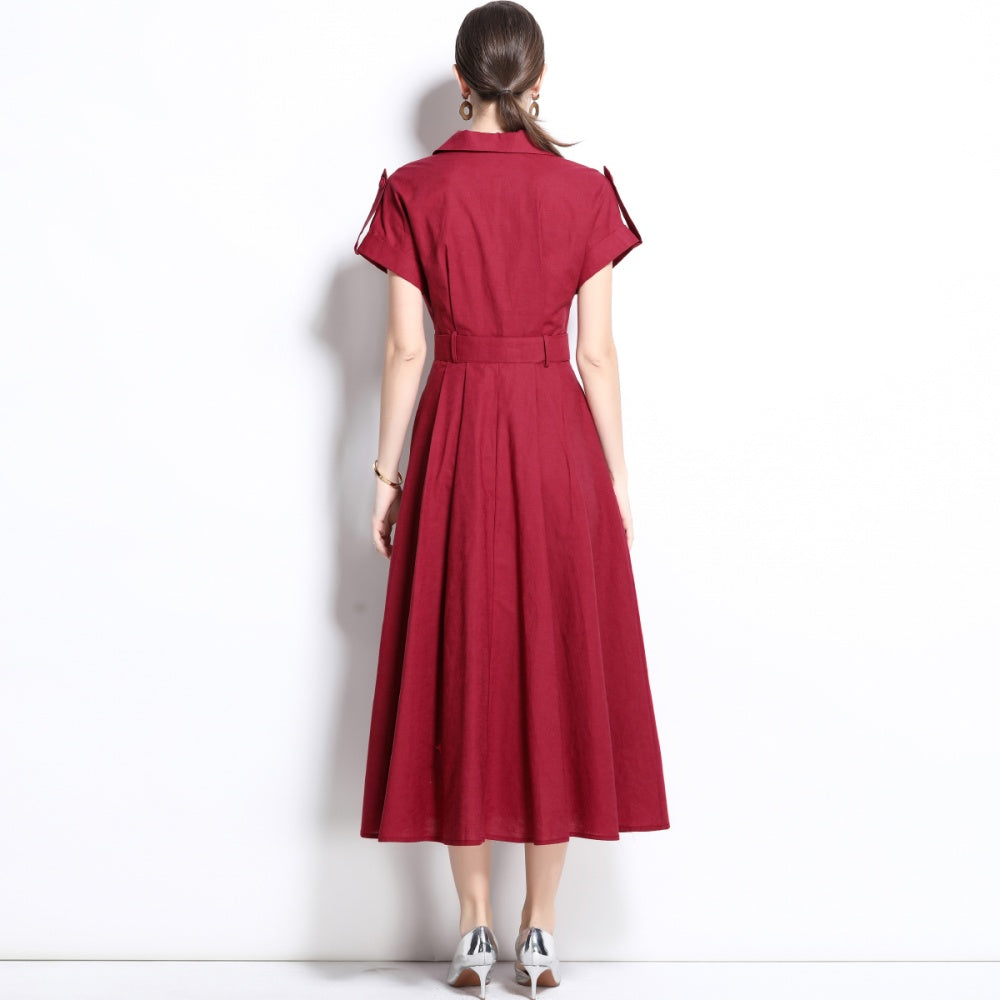 CM-DY035828 Women Elegant Seoul Style Suit Collar Short Sleeve Single Breasted Dress - Dark Red