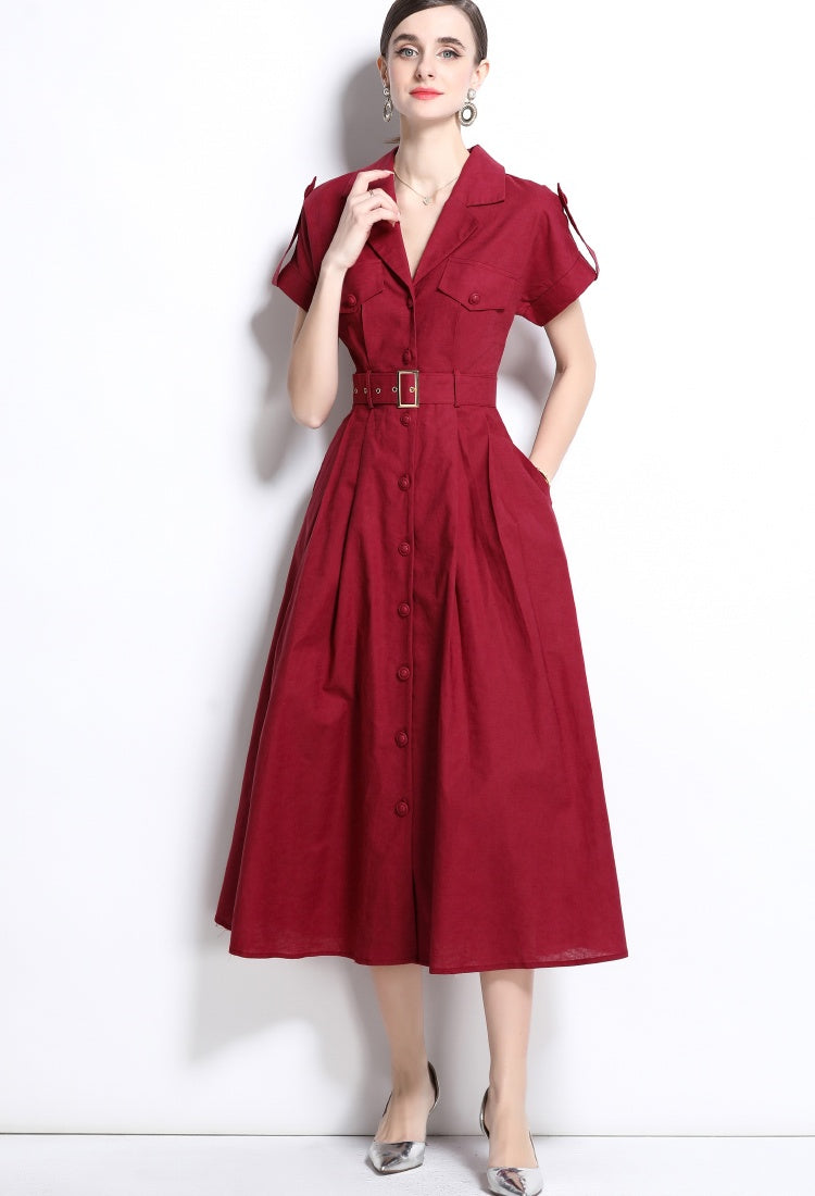 CM-DY035828 Women Elegant Seoul Style Suit Collar Short Sleeve Single Breasted Dress - Dark Red