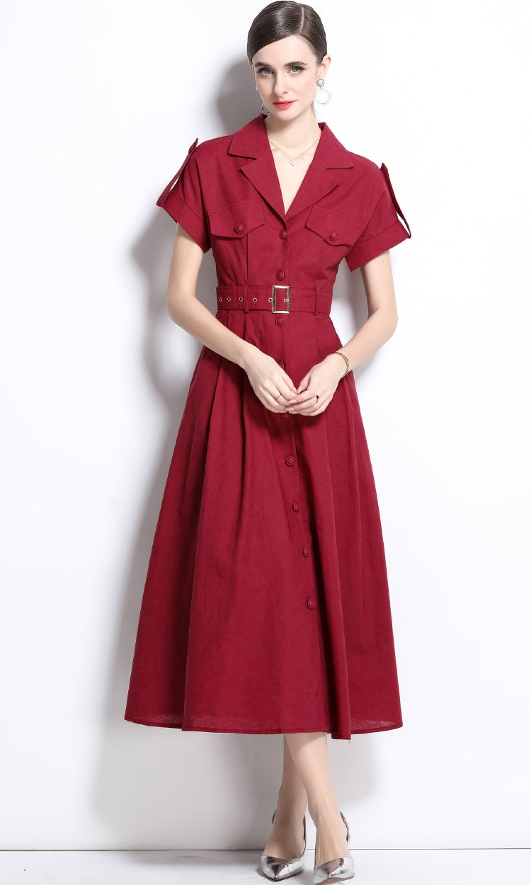 CM-DY035828 Women Elegant Seoul Style Suit Collar Short Sleeve Single Breasted Dress - Dark Red