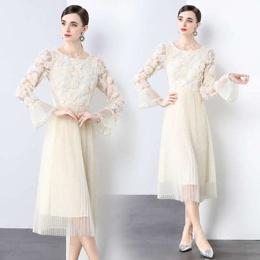 CM-DY036249 Women Elegant European Style Round Neck Trumpet Sleeve Pleated Gauze Midi Dress