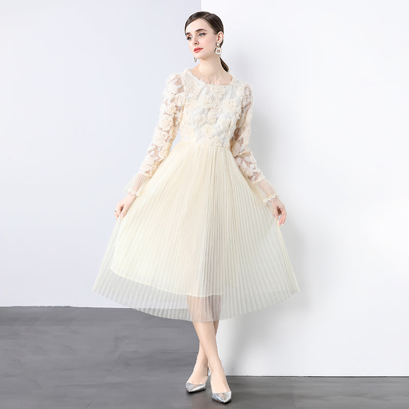 CM-DY036249 Women Elegant European Style Round Neck Trumpet Sleeve Pleated Gauze Midi Dress
