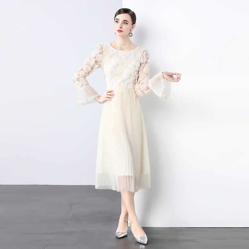 CM-DY036249 Women Elegant European Style Round Neck Trumpet Sleeve Pleated Gauze Midi Dress