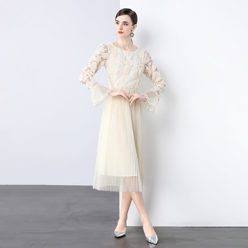 CM-DY036249 Women Elegant European Style Round Neck Trumpet Sleeve Pleated Gauze Midi Dress