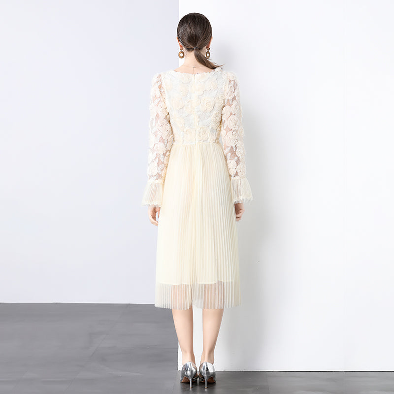 CM-DY036249 Women Elegant European Style Round Neck Trumpet Sleeve Pleated Gauze Midi Dress