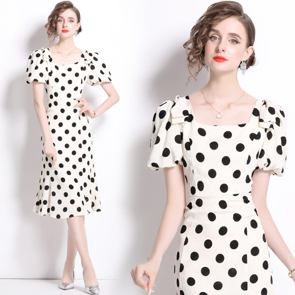 CM-DY036502 Women Elegant European Style Square Collar Short Sleeve Slim Bow Midi Dress