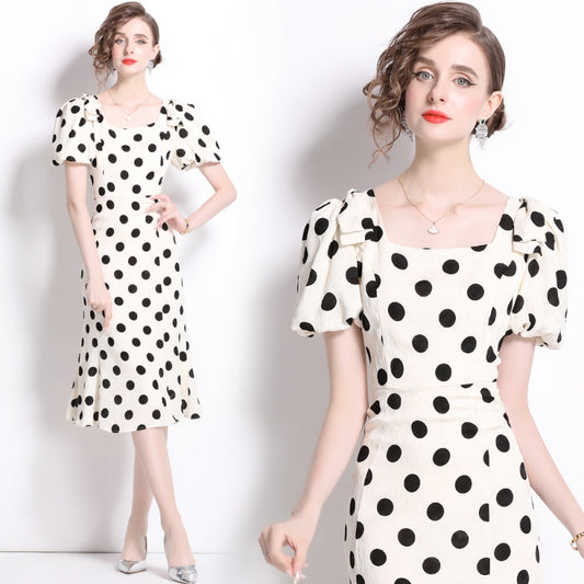 CM-DY036502 Women Elegant European Style Square Collar Short Sleeve Slim Bow Midi Dress