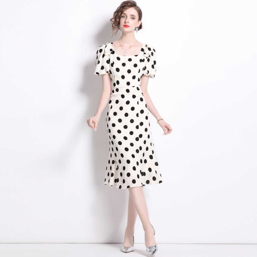 CM-DY036502 Women Elegant European Style Square Collar Short Sleeve Slim Bow Midi Dress