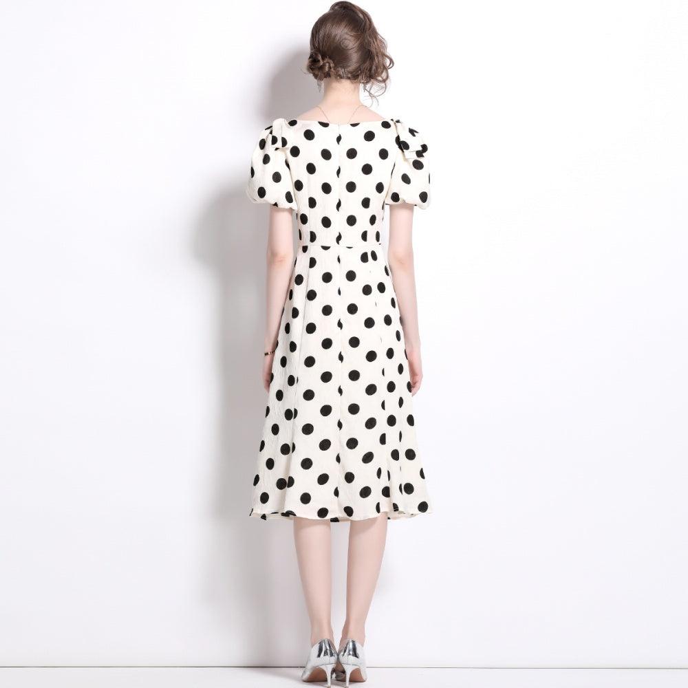 CM-DY036502 Women Elegant European Style Square Collar Short Sleeve Slim Bow Midi Dress