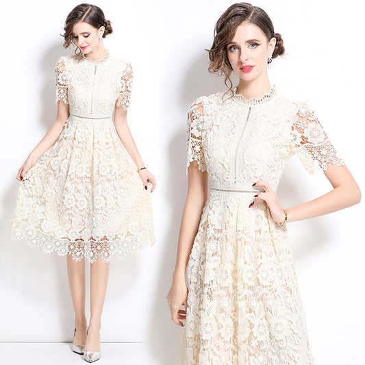 CM-DY036504 Women Elegant European Style Hollow Lace Stand Collar Short Sleeve Midi Dress - Apricot