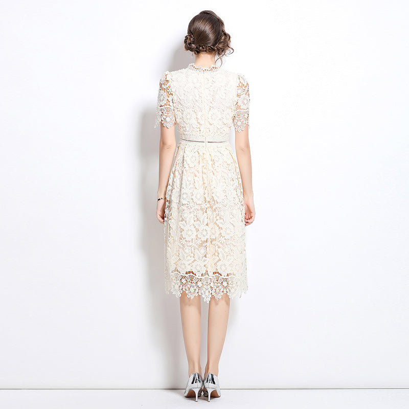 CM-DY036504 Women Elegant European Style Hollow Lace Stand Collar Short Sleeve Midi Dress - Apricot
