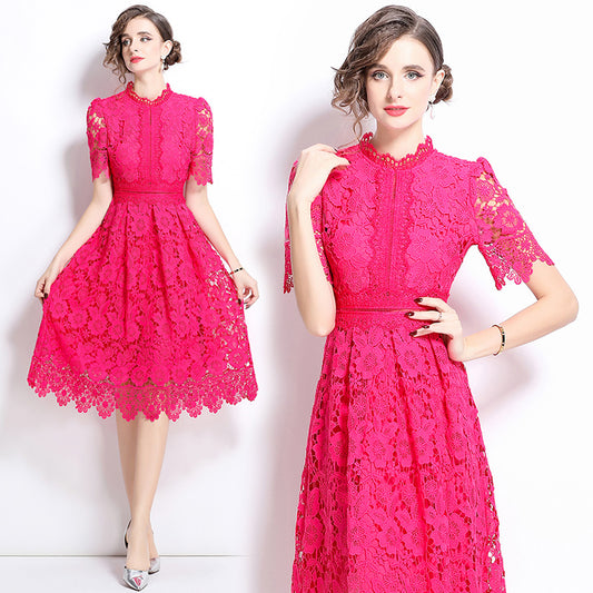 CM-DY036505 Women Elegant European Style Hollow Lace Stand Collar Short Sleeve Midi Dress - Pink