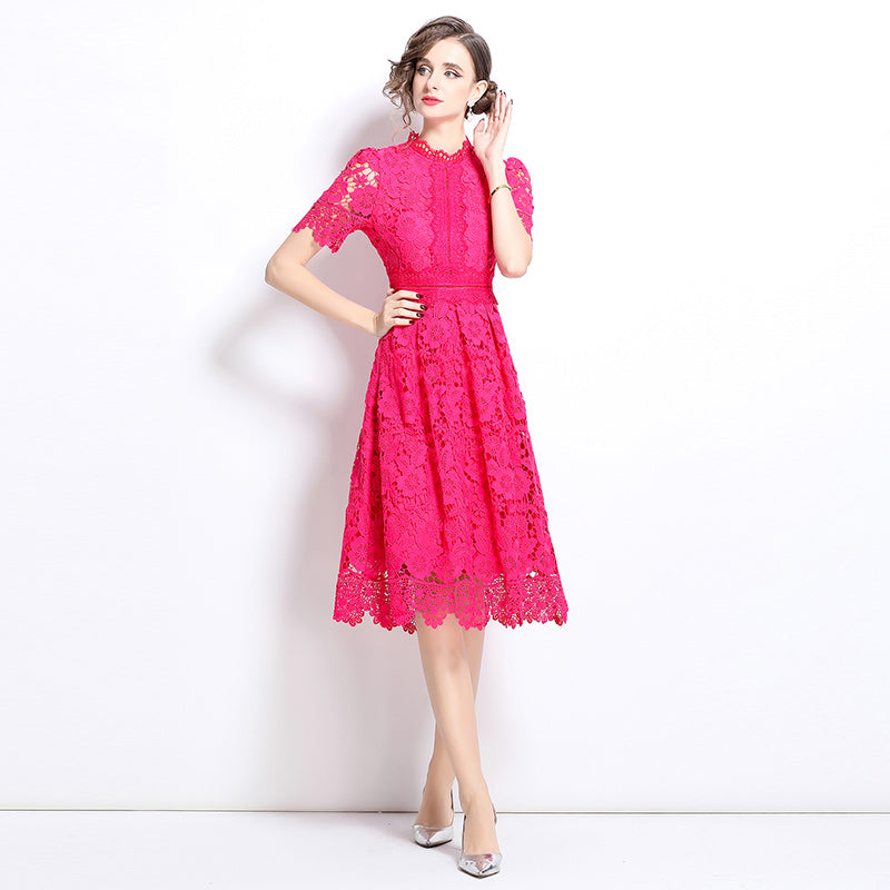 CM-DY036505 Women Elegant European Style Hollow Lace Stand Collar Short Sleeve Midi Dress - Pink