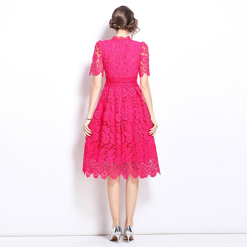 CM-DY036505 Women Elegant European Style Hollow Lace Stand Collar Short Sleeve Midi Dress - Pink