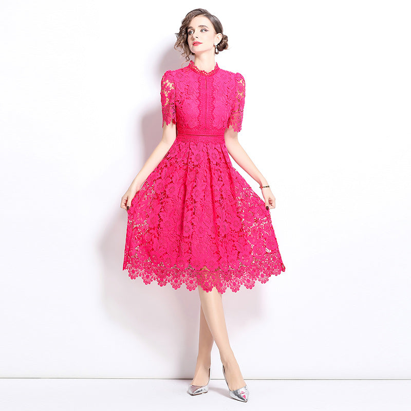 CM-DY036505 Women Elegant European Style Hollow Lace Stand Collar Short Sleeve Midi Dress - Pink