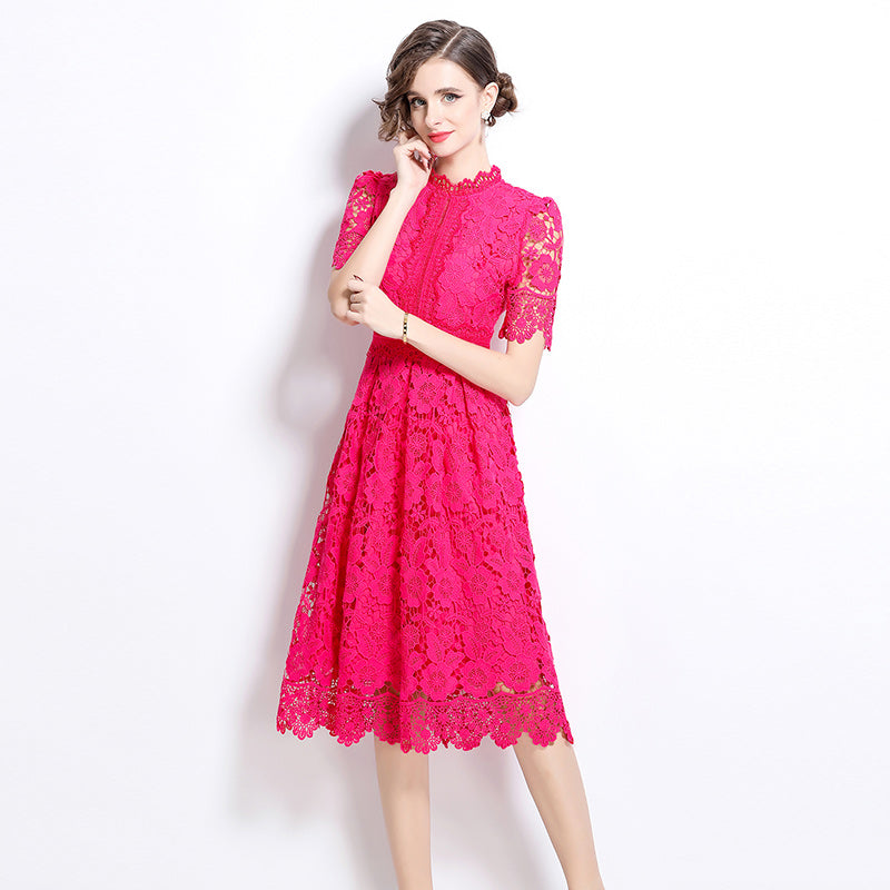 CM-DY036505 Women Elegant European Style Hollow Lace Stand Collar Short Sleeve Midi Dress - Pink