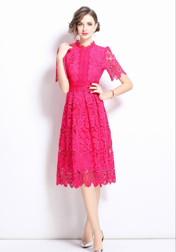 CM-DY036505 Women Elegant European Style Hollow Lace Stand Collar Short Sleeve Midi Dress - Pink