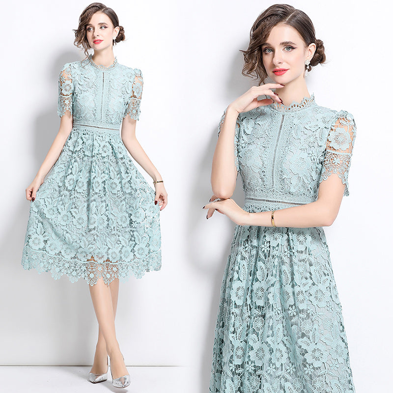 CM-DY036506 Women Elegant European Style Hollow Lace Stand Collar Short Sleeve Midi Dress - Blue