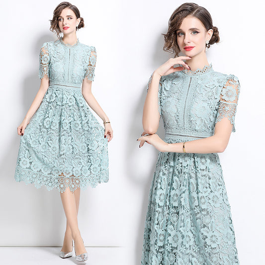 CM-DY036506 Women Elegant European Style Hollow Lace Stand Collar Short Sleeve Midi Dress - Blue