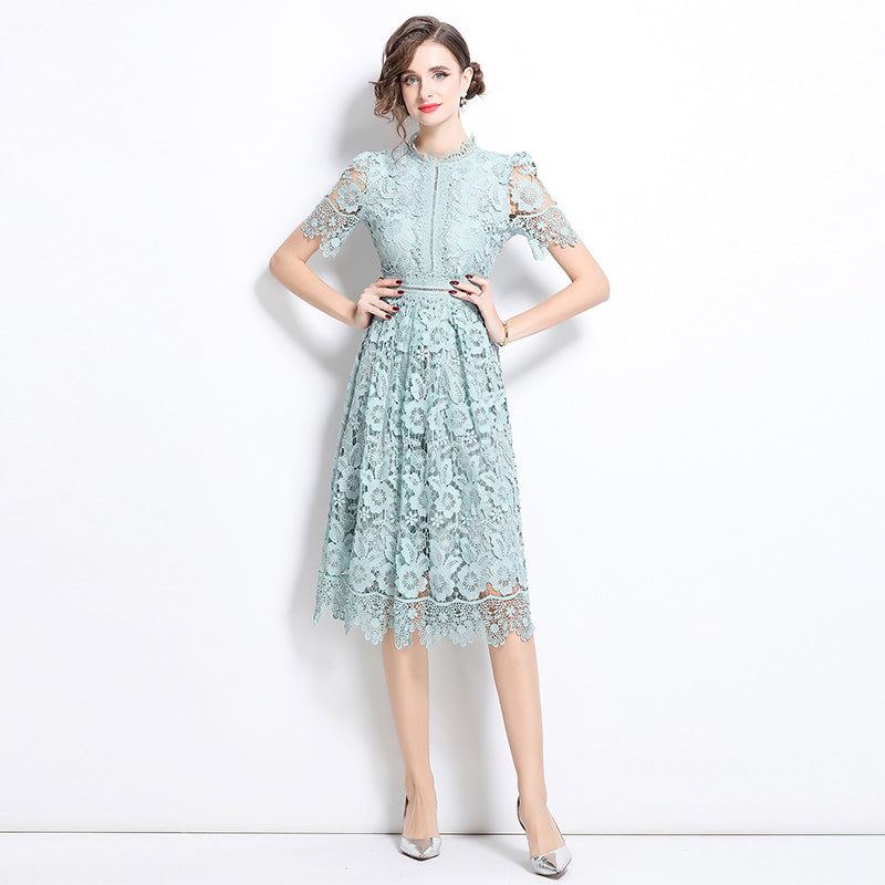 CM-DY036506 Women Elegant European Style Hollow Lace Stand Collar Short Sleeve Midi Dress - Blue