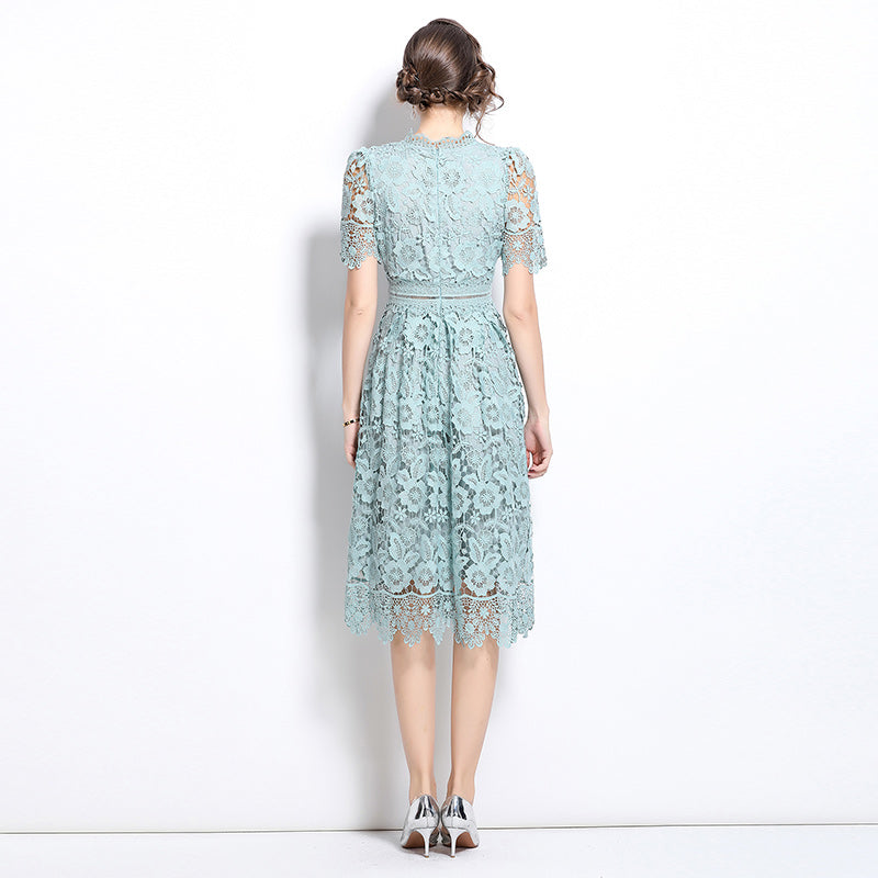CM-DY036506 Women Elegant European Style Hollow Lace Stand Collar Short Sleeve Midi Dress - Blue
