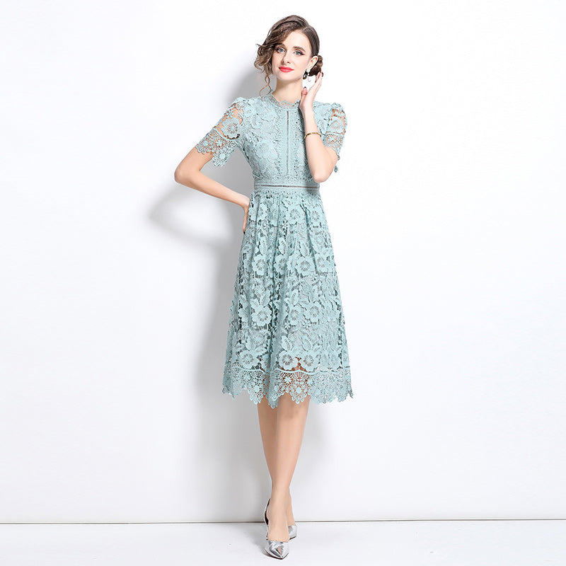 CM-DY036506 Women Elegant European Style Hollow Lace Stand Collar Short Sleeve Midi Dress - Blue
