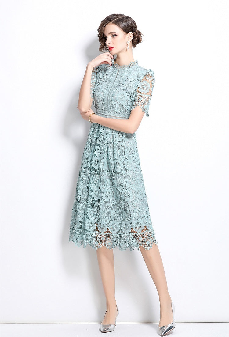 CM-DY036506 Women Elegant European Style Hollow Lace Stand Collar Short Sleeve Midi Dress - Blue