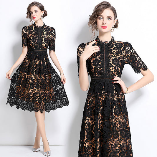 CM-DY036507 Women Elegant European Style Hollow Lace Stand Collar Short Sleeve Midi Dress - Black