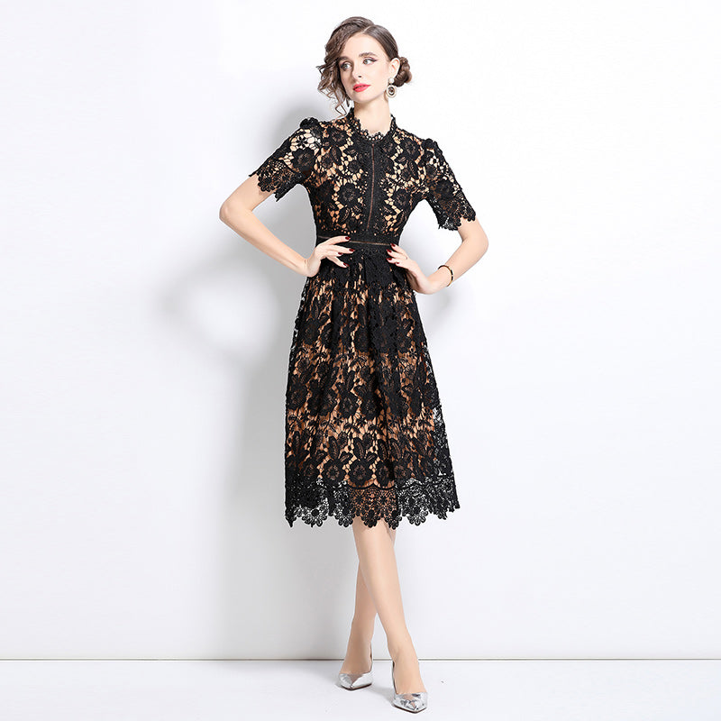 CM-DY036507 Women Elegant European Style Hollow Lace Stand Collar Short Sleeve Midi Dress - Black