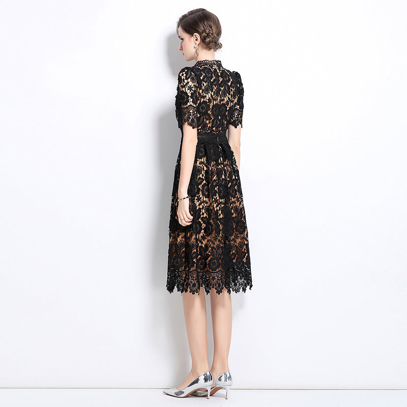 CM-DY036507 Women Elegant European Style Hollow Lace Stand Collar Short Sleeve Midi Dress - Black
