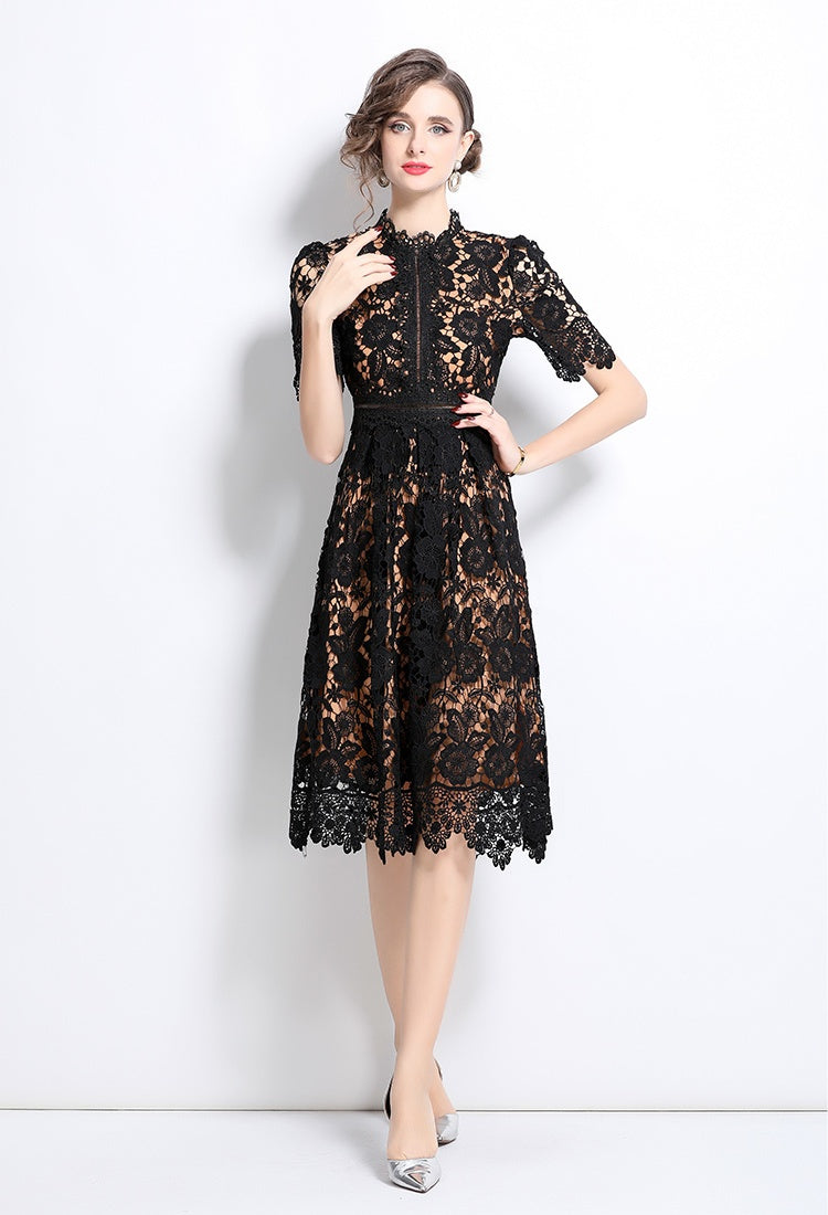 CM-DY036507 Women Elegant European Style Hollow Lace Stand Collar Short Sleeve Midi Dress - Black